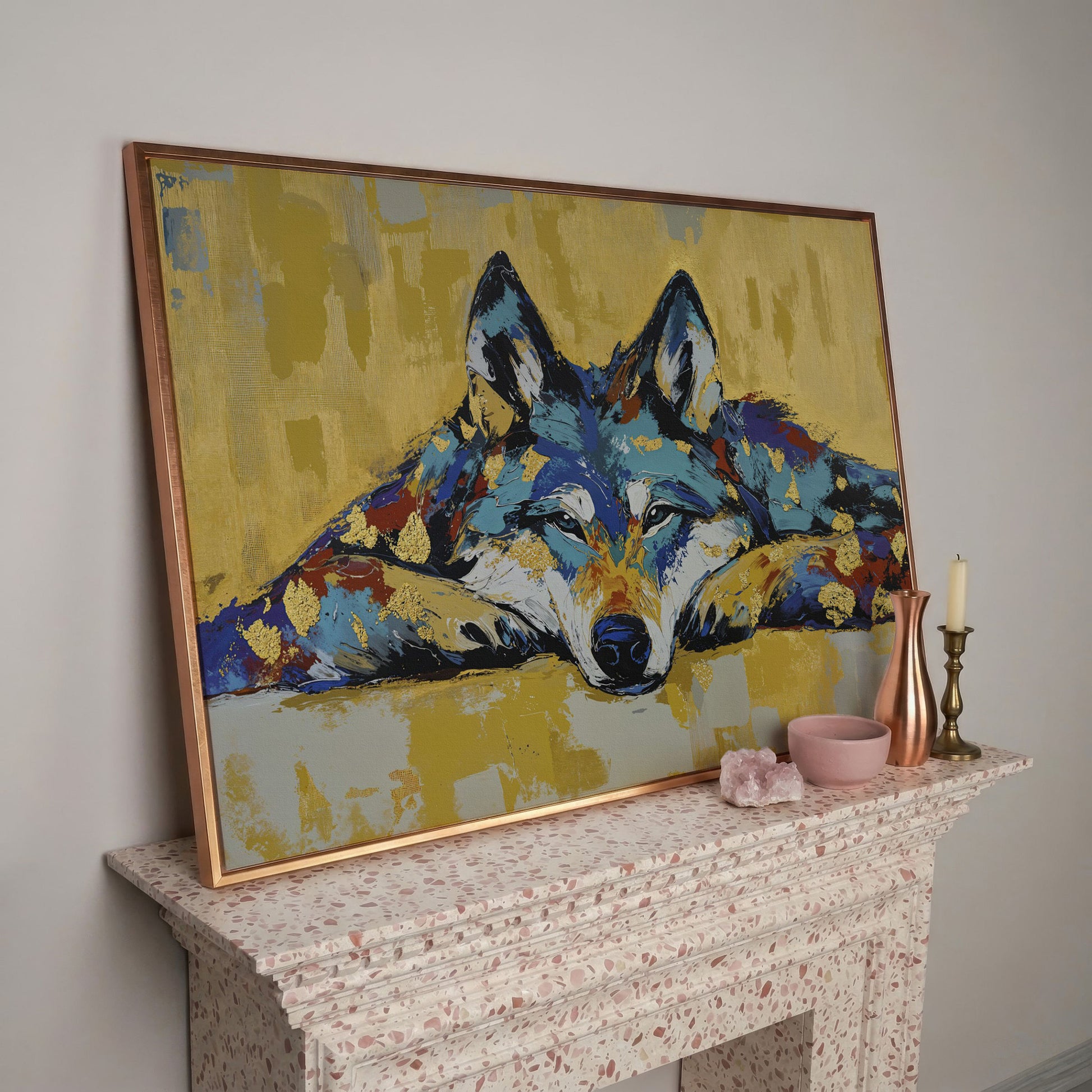 Resting Wolf Canvas Wall Art, Wildlife Print in rose gold floating frame