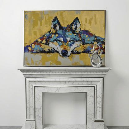 Resting Wolf Canvas Wall Art, Wildlife Print in silver floating frame