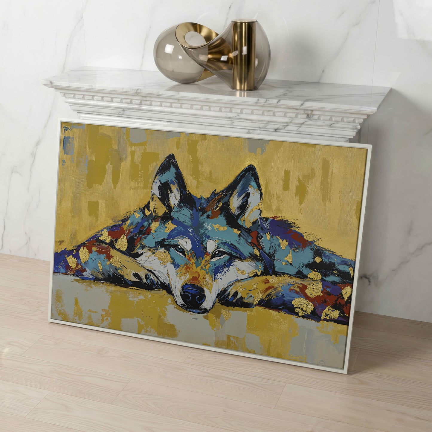 Resting Wolf Canvas Wall Art, Wildlife Print in white floating frame