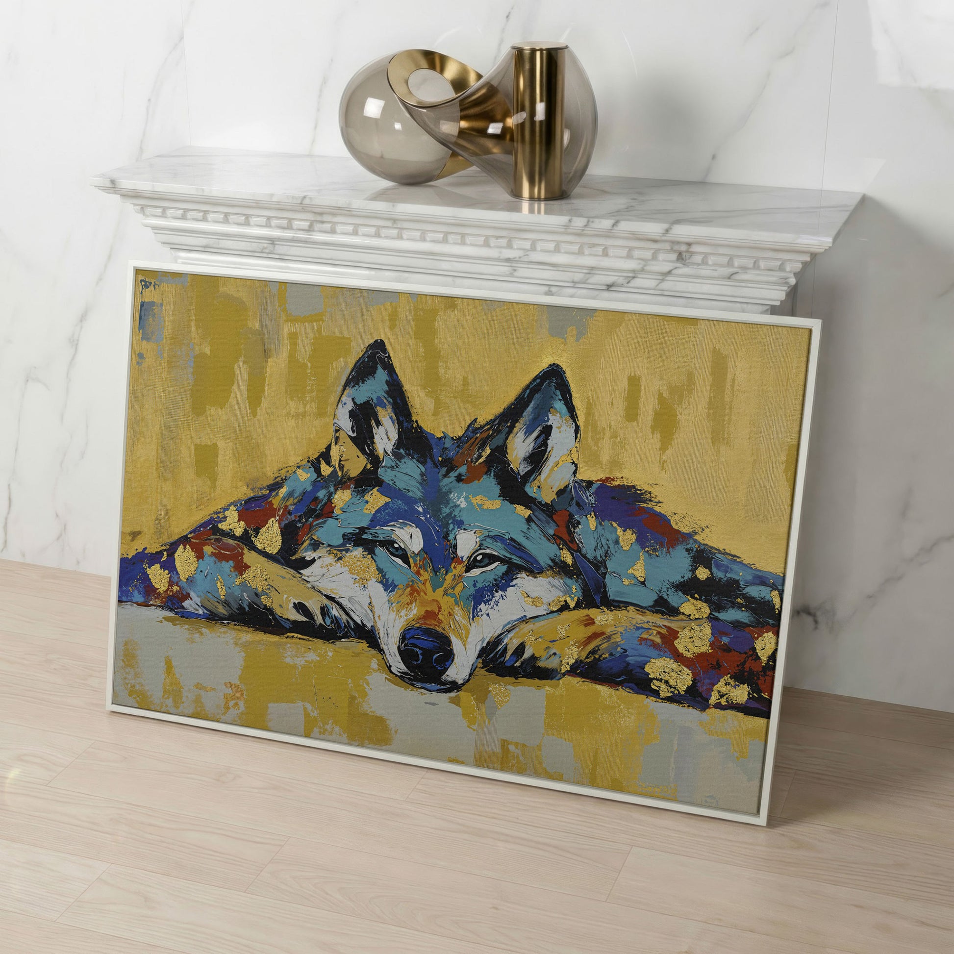 Resting Wolf Canvas Wall Art, Wildlife Print in white floating frame