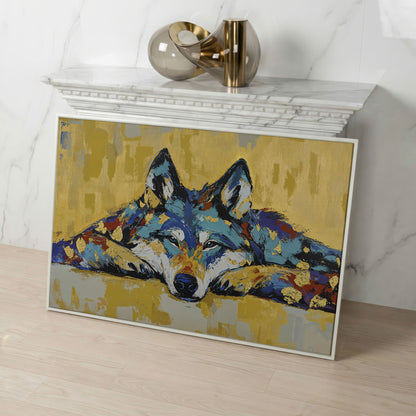 Resting Wolf Canvas Wall Art, Wildlife Print in white floating frame