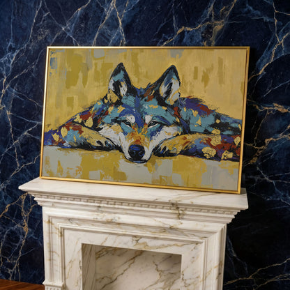 Resting Wolf Canvas Wall Art, Wildlife Print in yellow gold floating frame