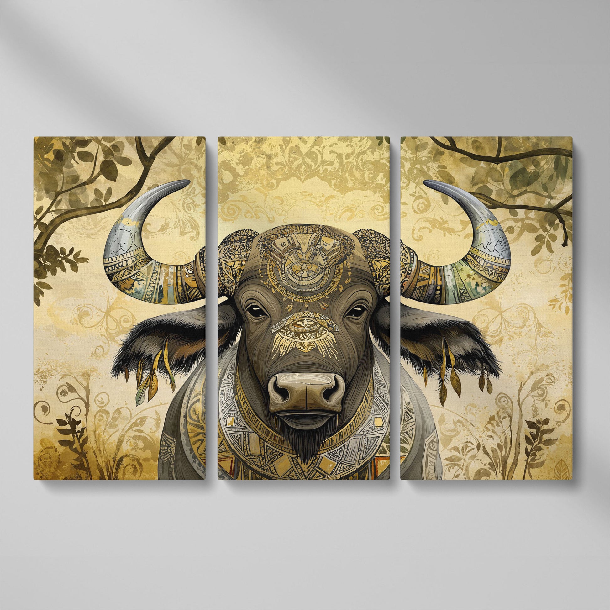 Decorated Water Buffalo Canvas Art with Tribal Patterns as 3-panel split version