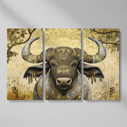 Decorated Water Buffalo Canvas Art with Tribal Patterns as 3-panel split version