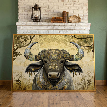 Decorated Water Buffalo Canvas Art with Tribal Patterns in antique gold floating frame