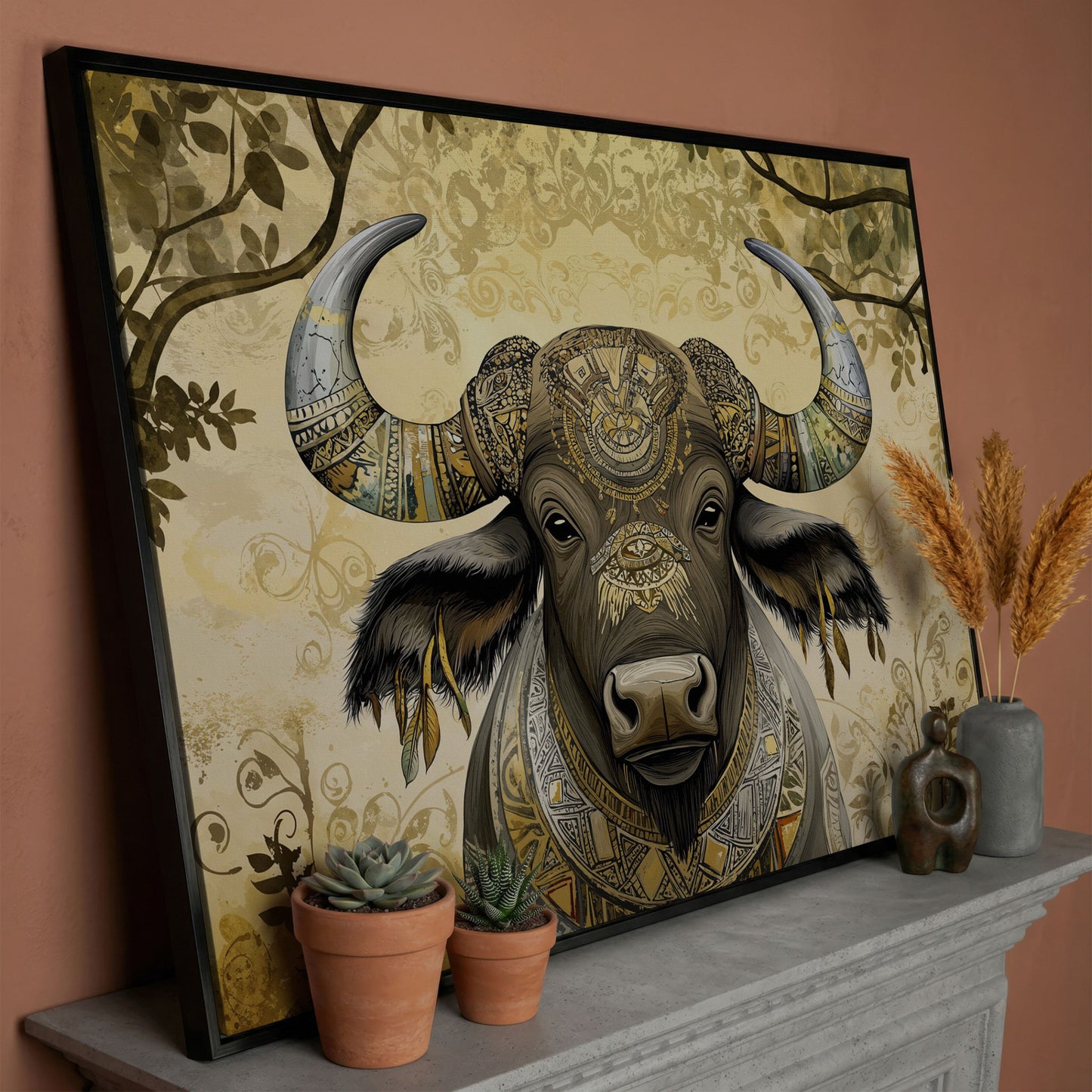Decorated Water Buffalo Canvas Art with Tribal Patterns in black floating frame