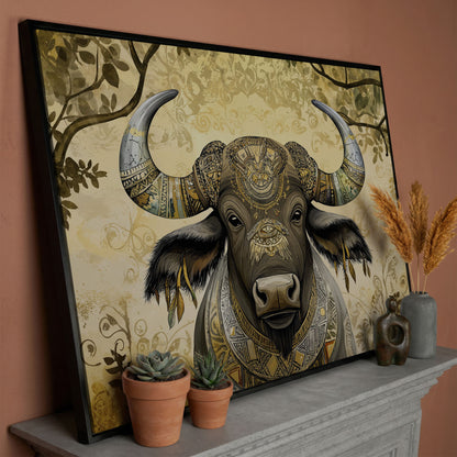 Decorated Water Buffalo Canvas Art with Tribal Patterns in black floating frame