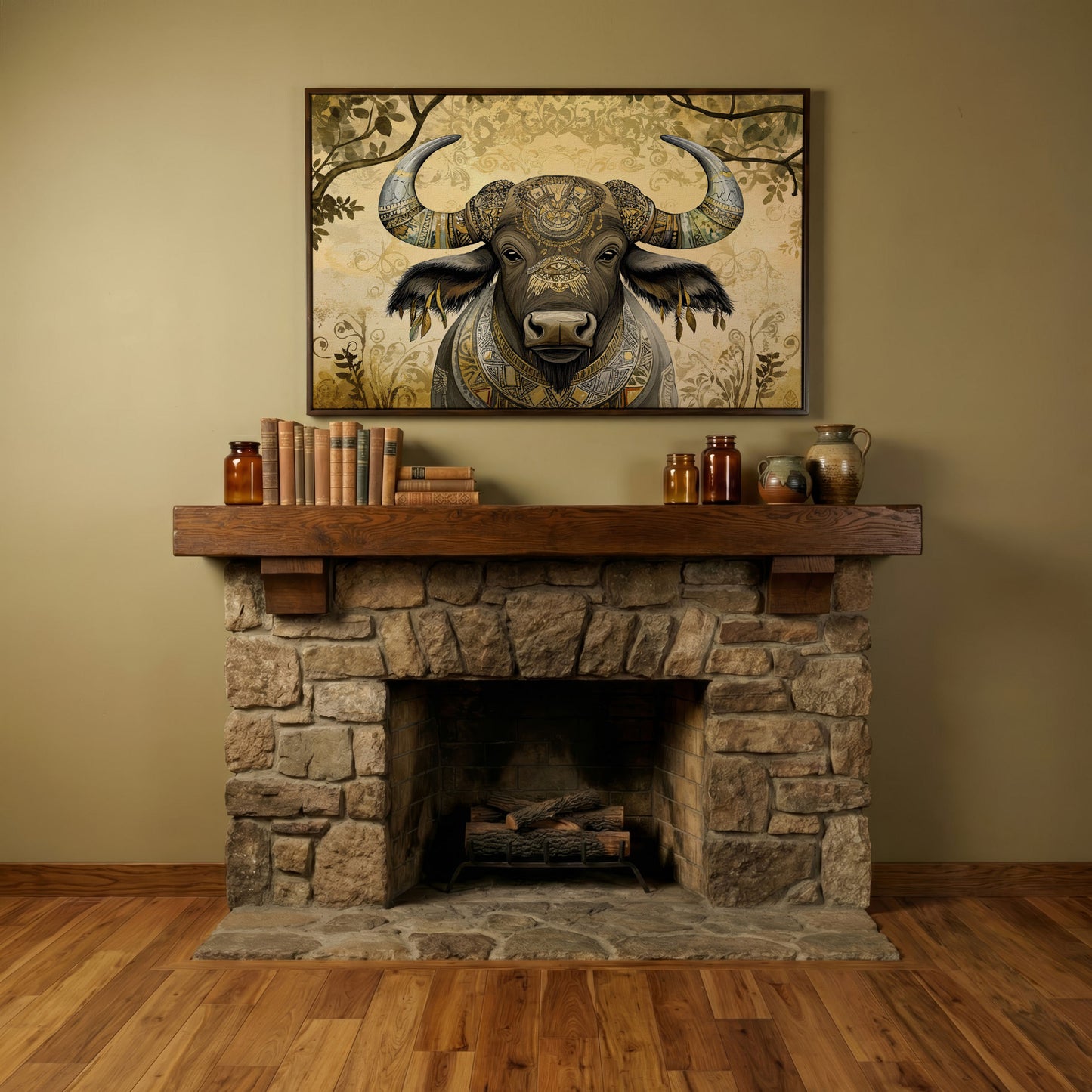 Decorated Water Buffalo Canvas Art with Tribal Patterns in dark walnut floating frame