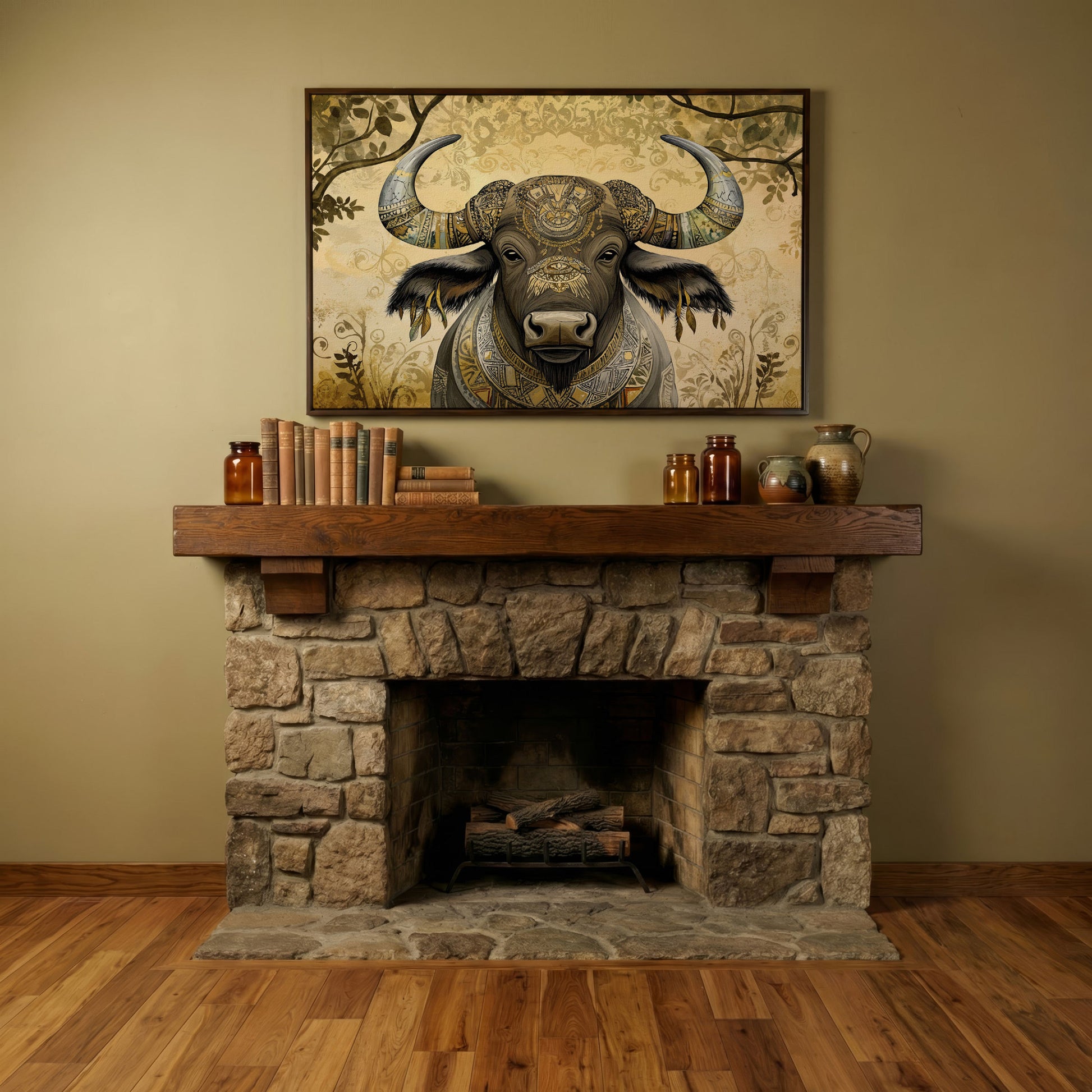 Decorated Water Buffalo Canvas Art with Tribal Patterns in dark walnut floating frame