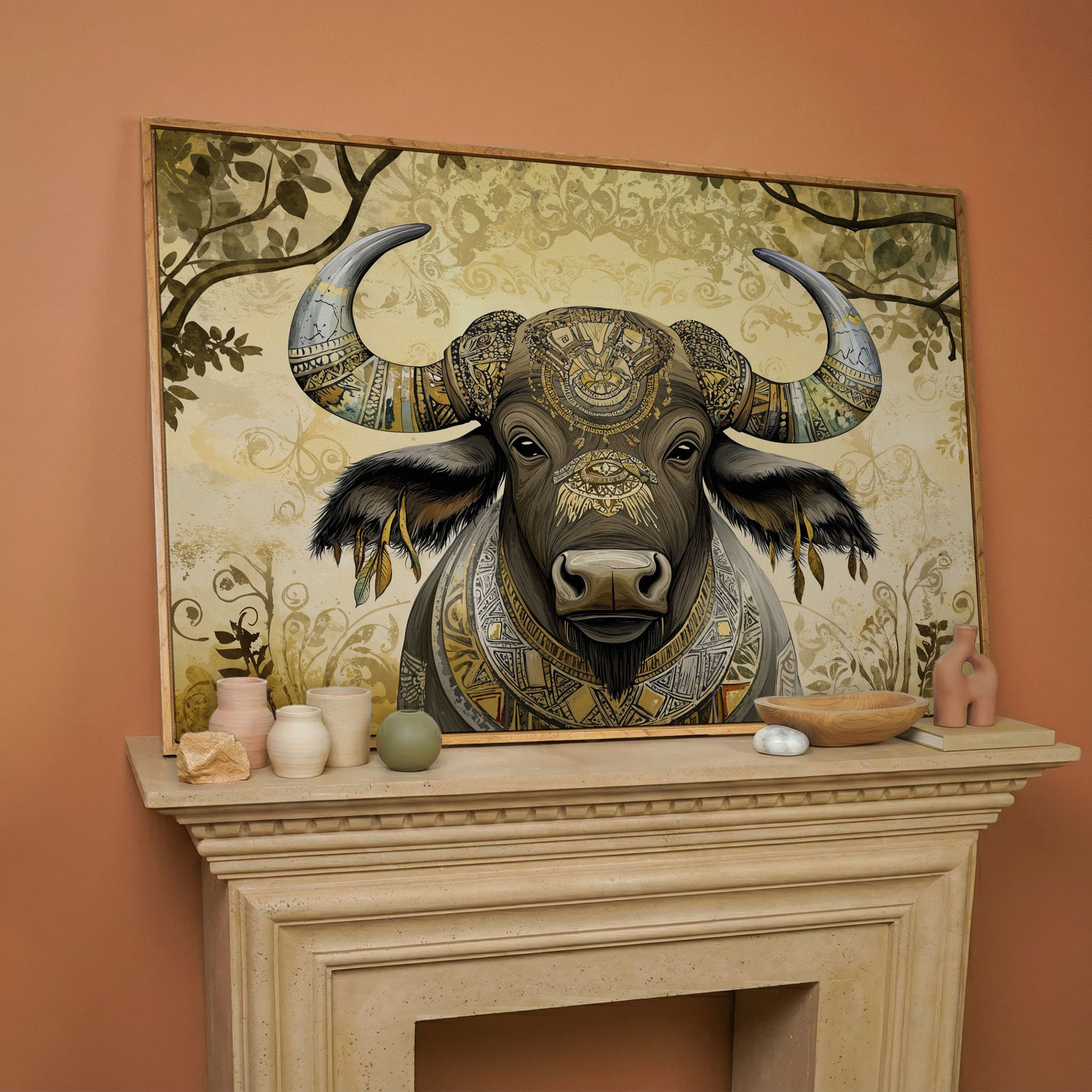 Decorated Water Buffalo Canvas Art with Tribal Patterns in white oak floating frame