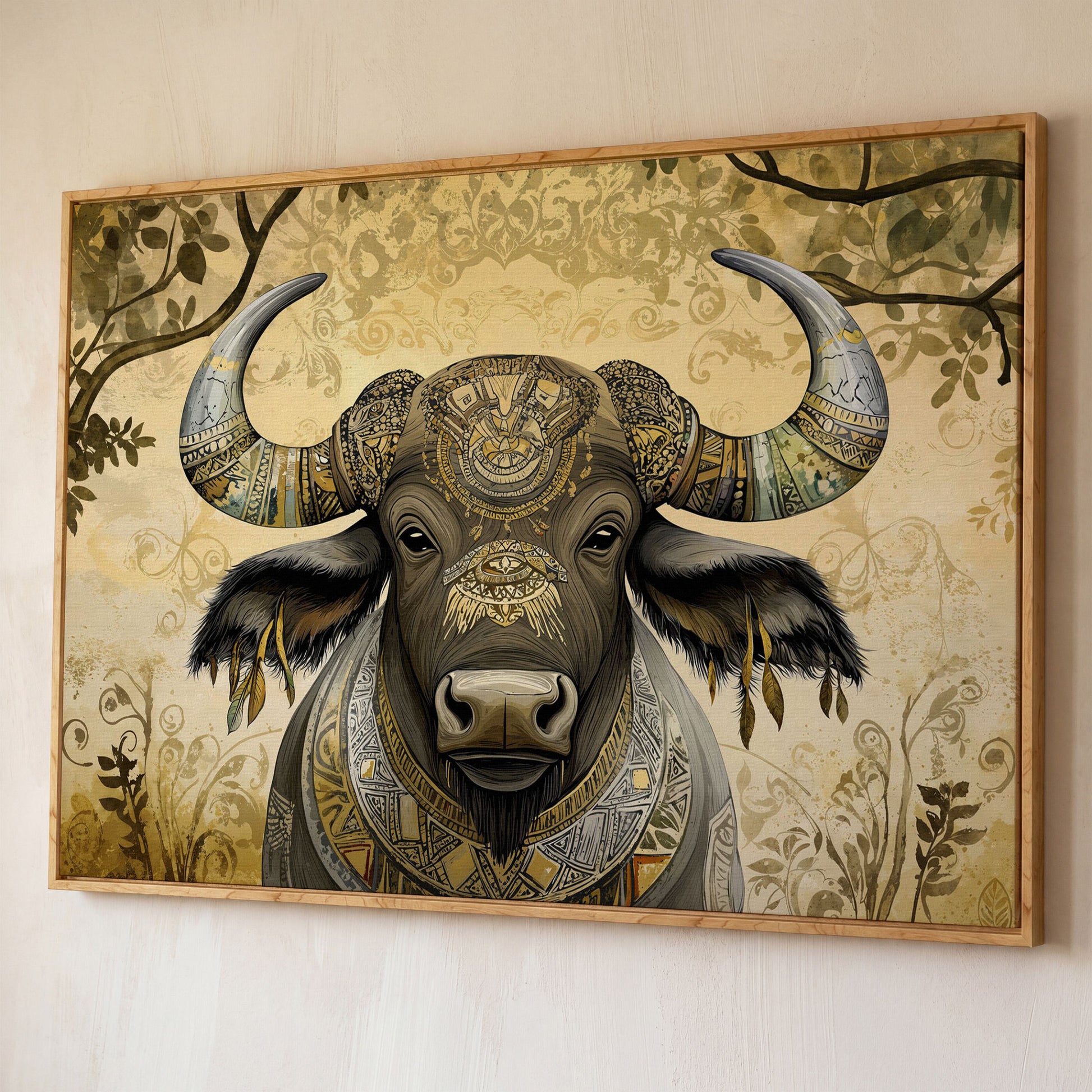 Decorated Water Buffalo Canvas Art with Tribal Patterns shown in white oak floating frame