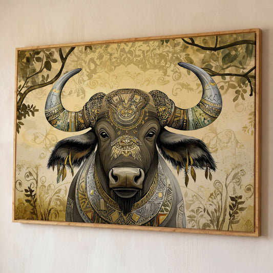 Decorated Water Buffalo Canvas Art with Tribal Patterns shown in white oak floating frame