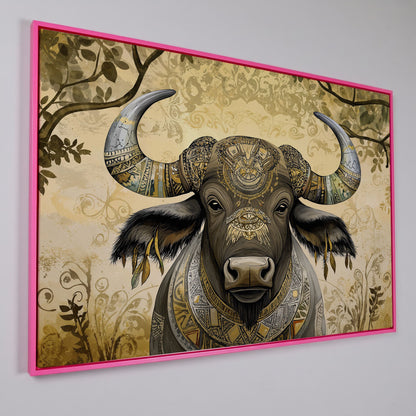 Decorated Water Buffalo Canvas Art with Tribal Patterns in pink floating frame