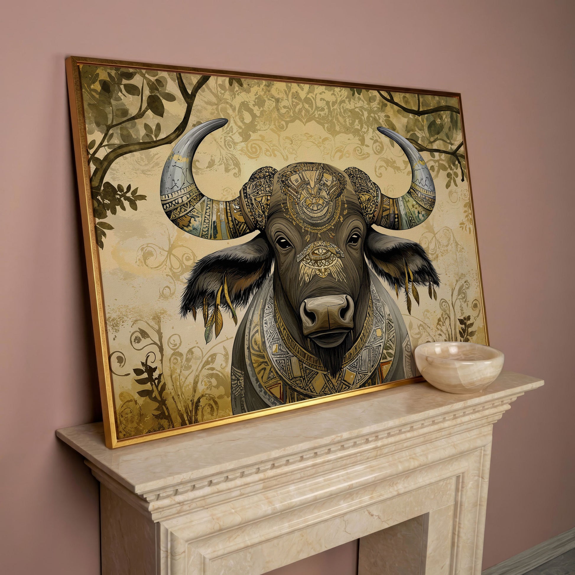 Decorated Water Buffalo Canvas Art with Tribal Patterns in rose gold floating frame