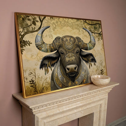 Decorated Water Buffalo Canvas Art with Tribal Patterns in rose gold floating frame
