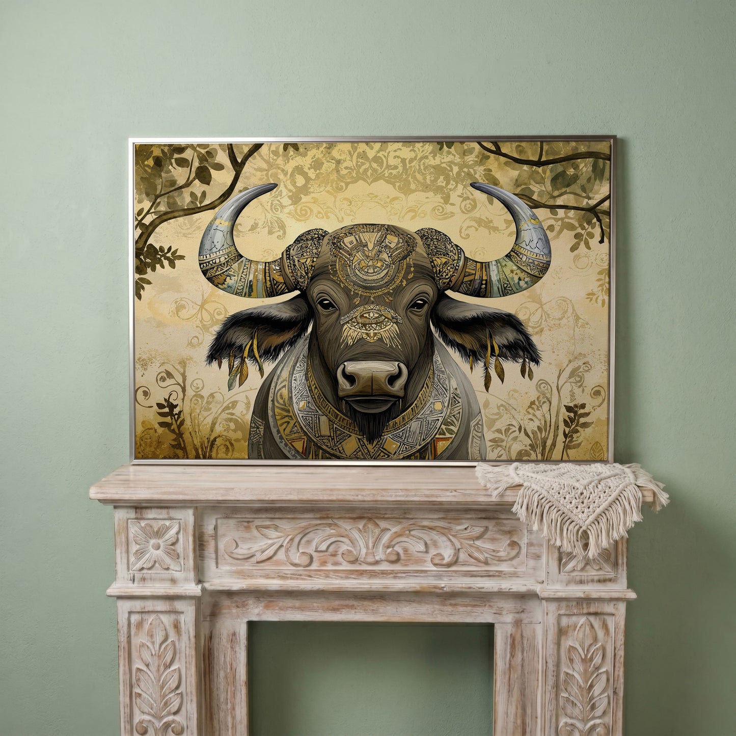 Decorated Water Buffalo Canvas Art with Tribal Patterns in silver floating frame