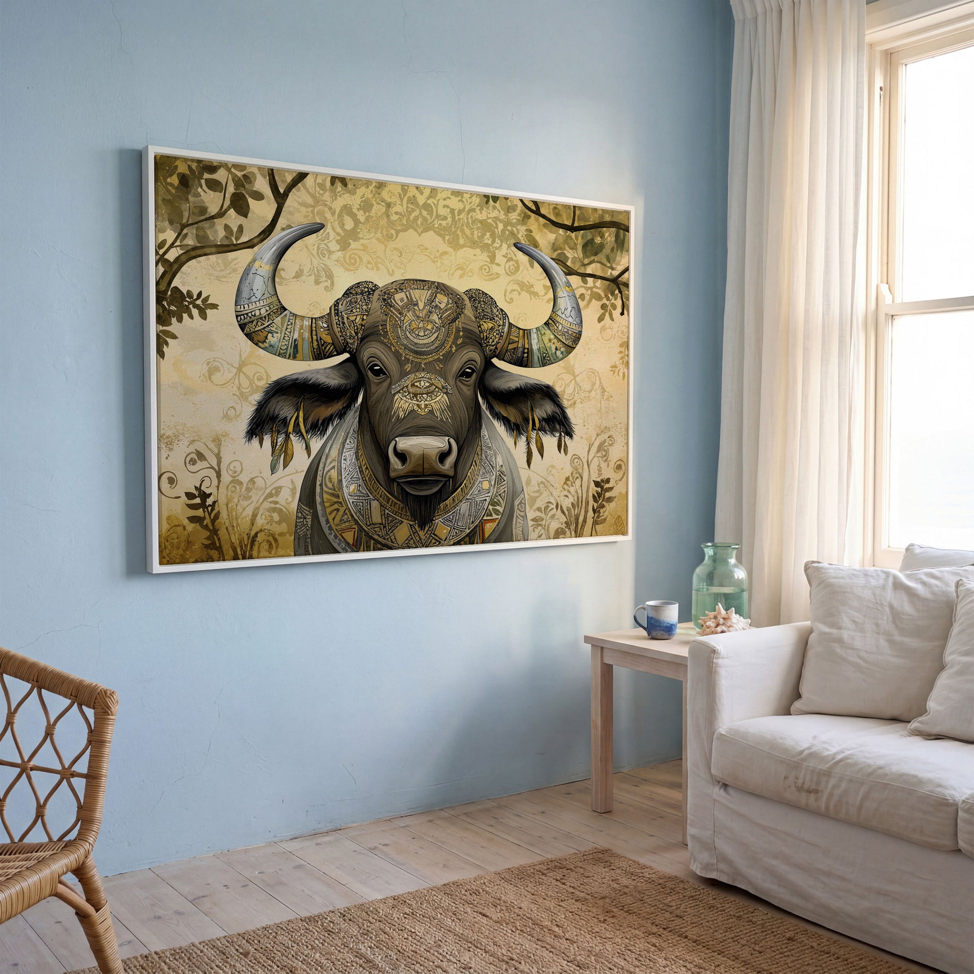 Decorated Water Buffalo Canvas Art with Tribal Patterns in white floating frame