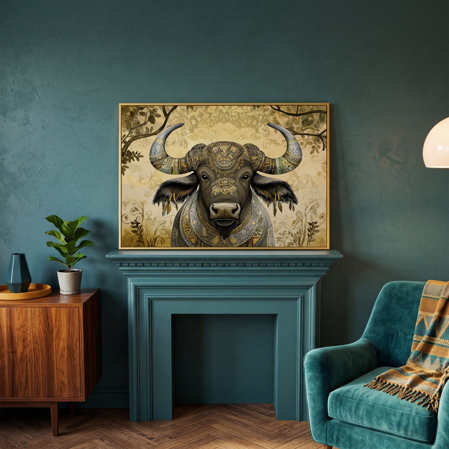Decorated Water Buffalo Canvas Art with Tribal Patterns in yellow gold floating frame