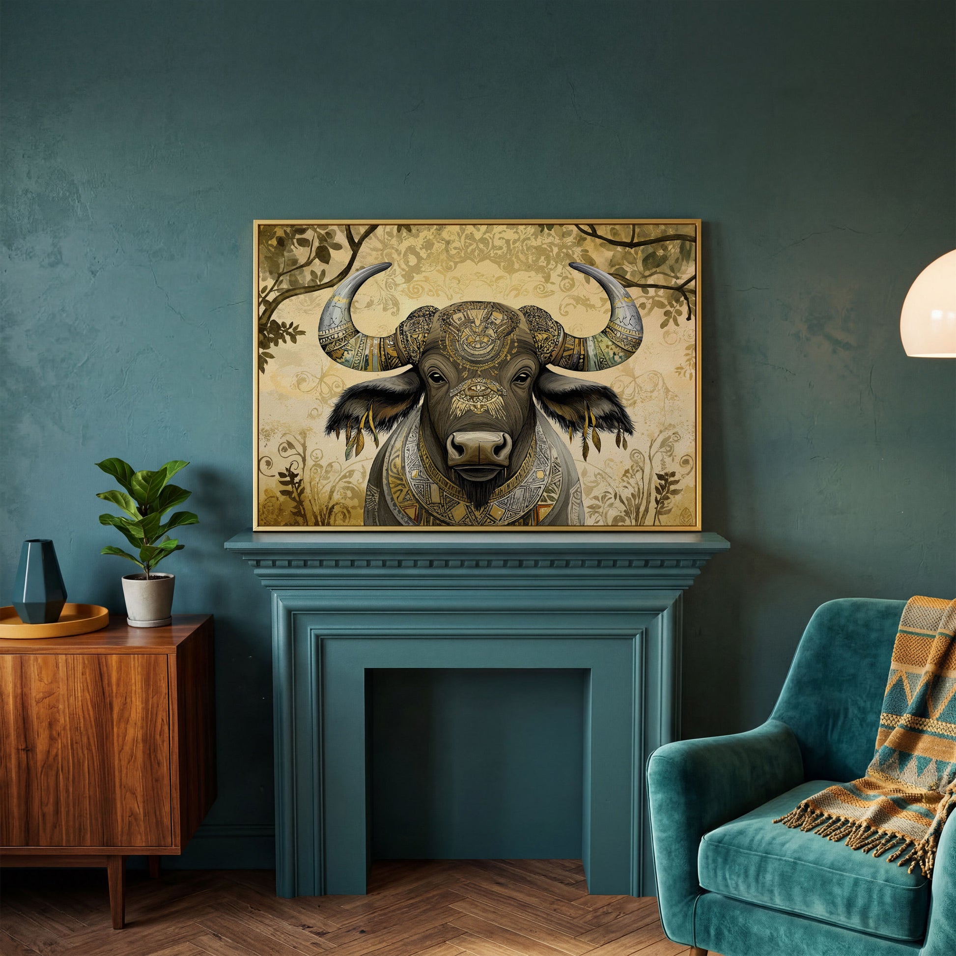 Decorated Water Buffalo Canvas Art with Tribal Patterns in yellow gold floating frame