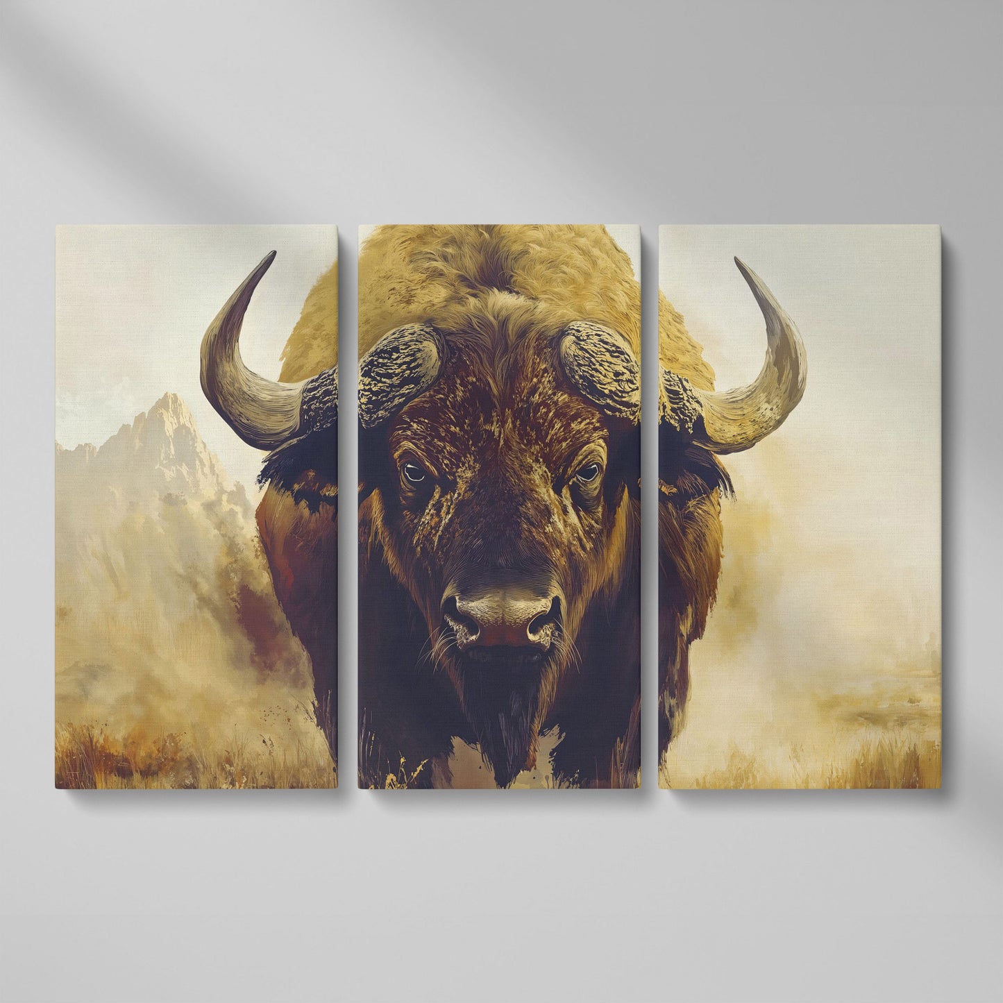 American Bison Portrait Canvas Wall Art with Landscape Background as 3-panel split version