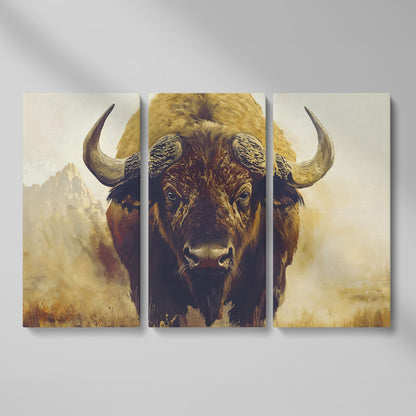 American Bison Portrait Canvas Wall Art with Landscape Background as 3-panel split version