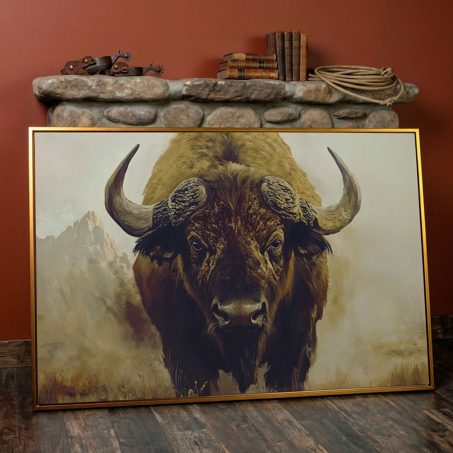 American Bison Portrait Canvas Wall Art with Landscape Background in antique gold floating frame