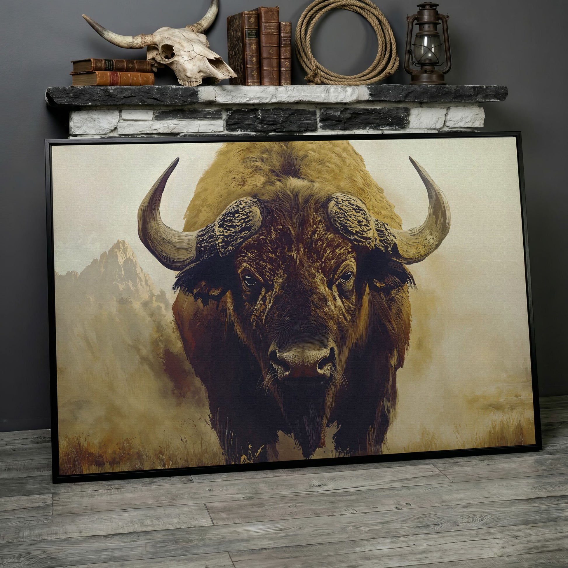 American Bison Portrait Canvas Wall Art with Landscape Background in black floating frame