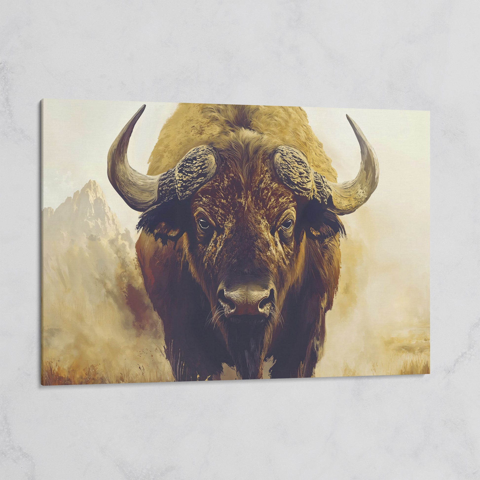 American Bison Portrait Canvas Wall Art with Landscape Background on gallery wrap
