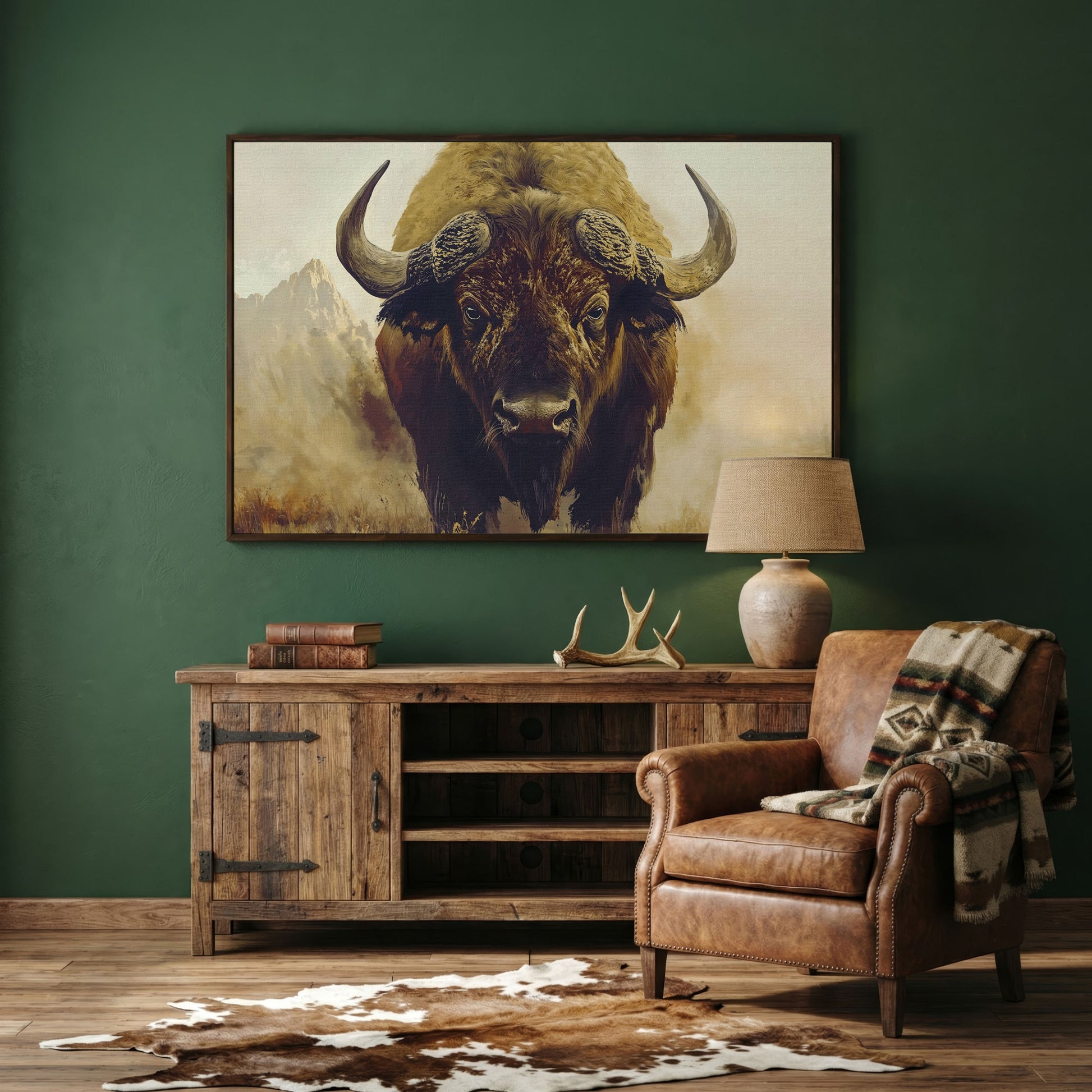 American Bison Portrait Canvas Wall Art with Landscape Background in dark walnut floating frame