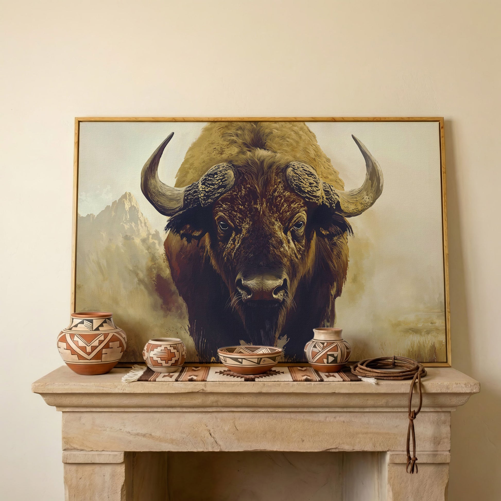 American Bison Portrait Canvas Wall Art with Landscape Background in white oak floating frame