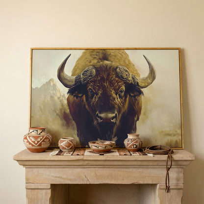 American Bison Portrait Canvas Wall Art with Landscape Background in white oak floating frame