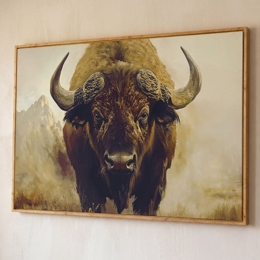 American Bison Portrait Canvas Wall Art with Landscape Background shown in white oak floating frame