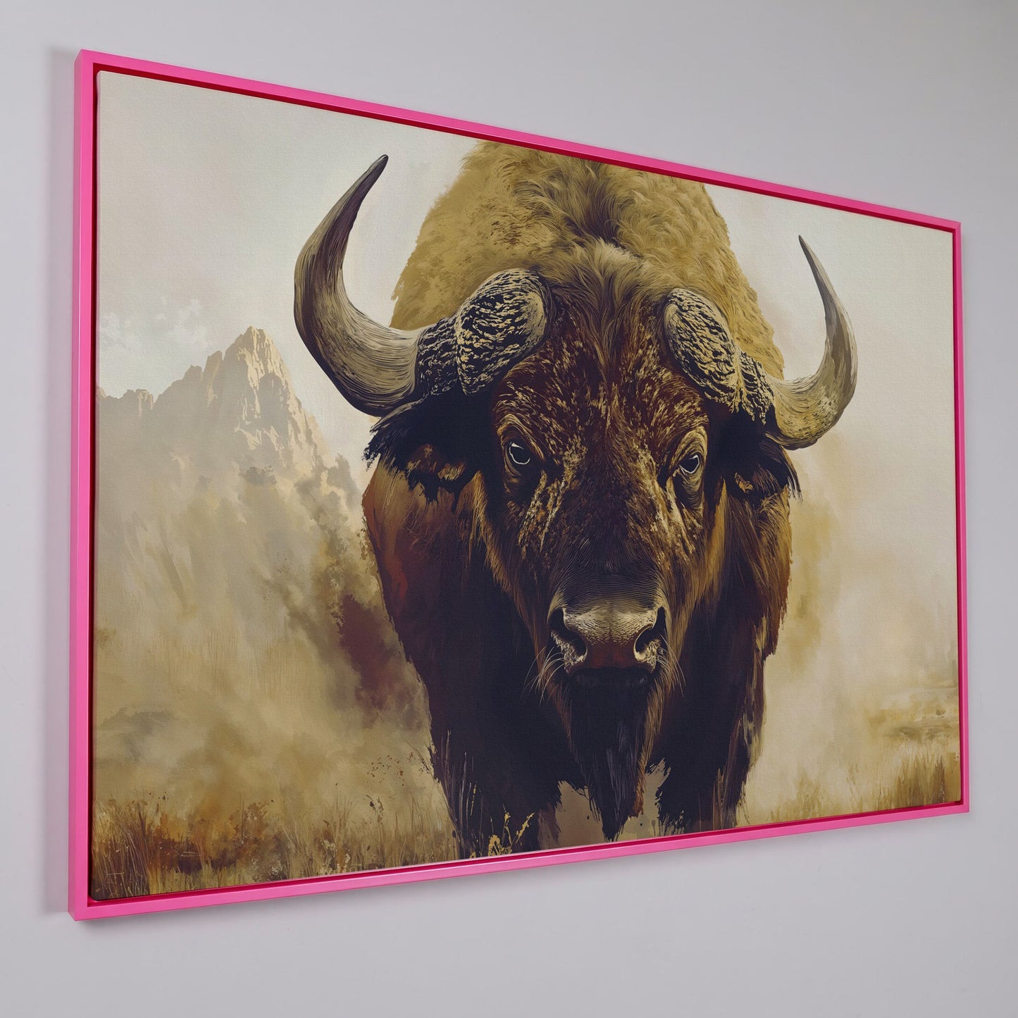 American Bison Portrait Canvas Wall Art with Landscape Background in pink floating frame