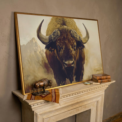 American Bison Portrait Canvas Wall Art with Landscape Background in rose gold floating frame