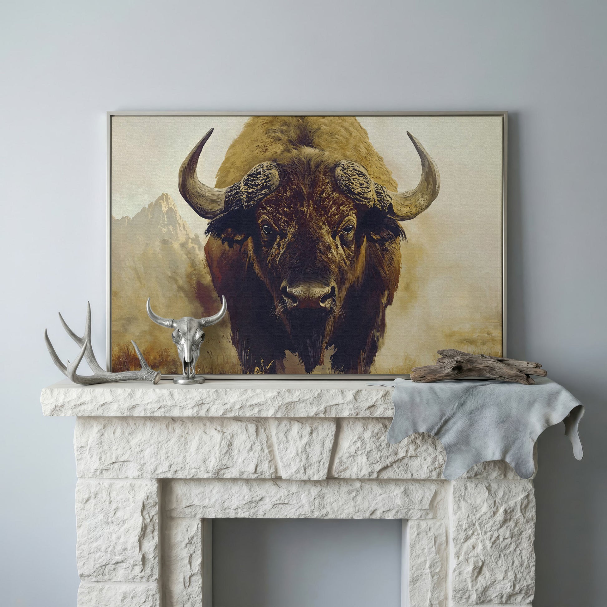 American Bison Portrait Canvas Wall Art with Landscape Background in silver floating frame