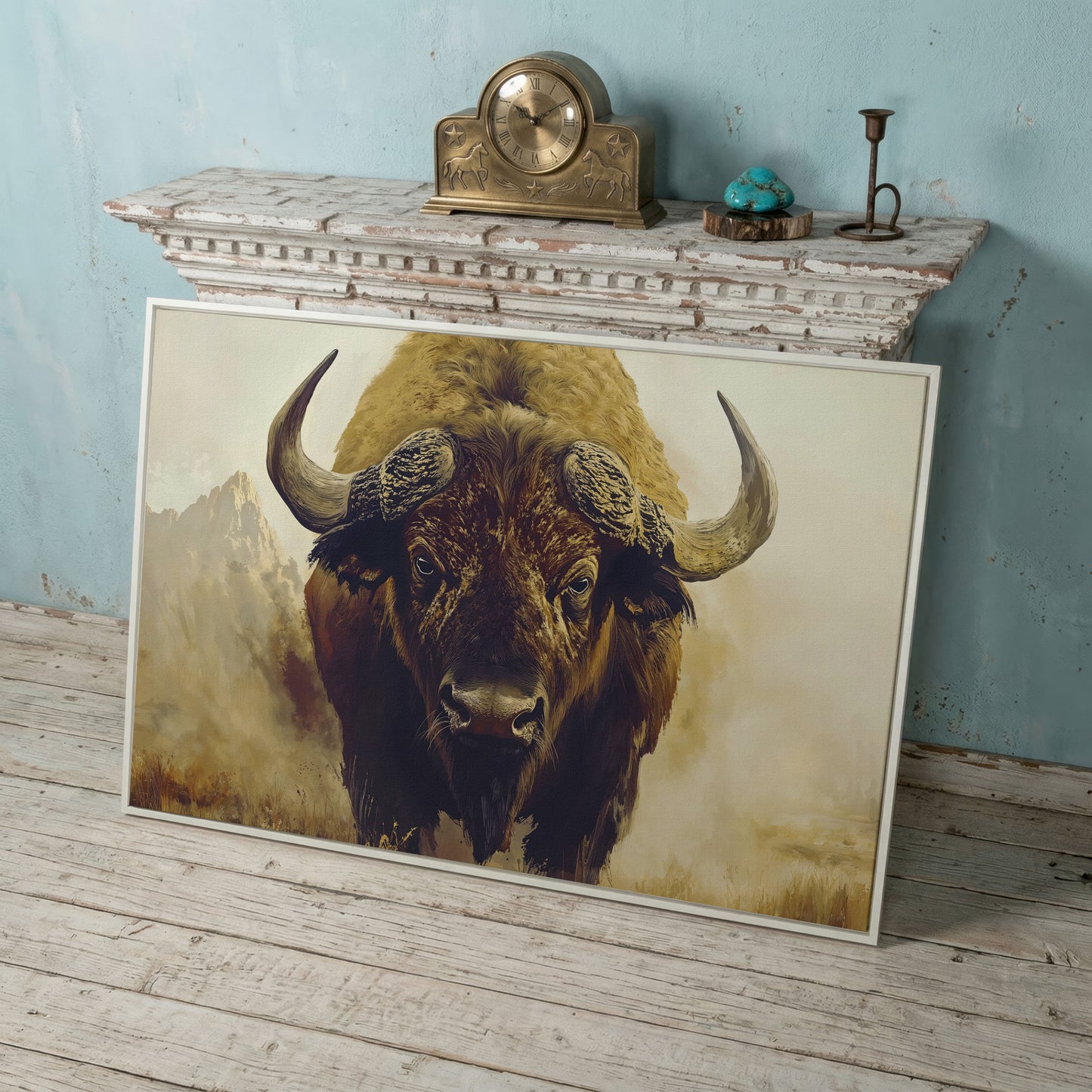 American Bison Portrait Canvas Wall Art with Landscape Background in white floating frame