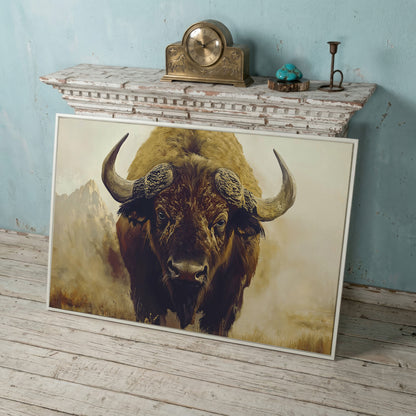 American Bison Portrait Canvas Wall Art with Landscape Background in white floating frame