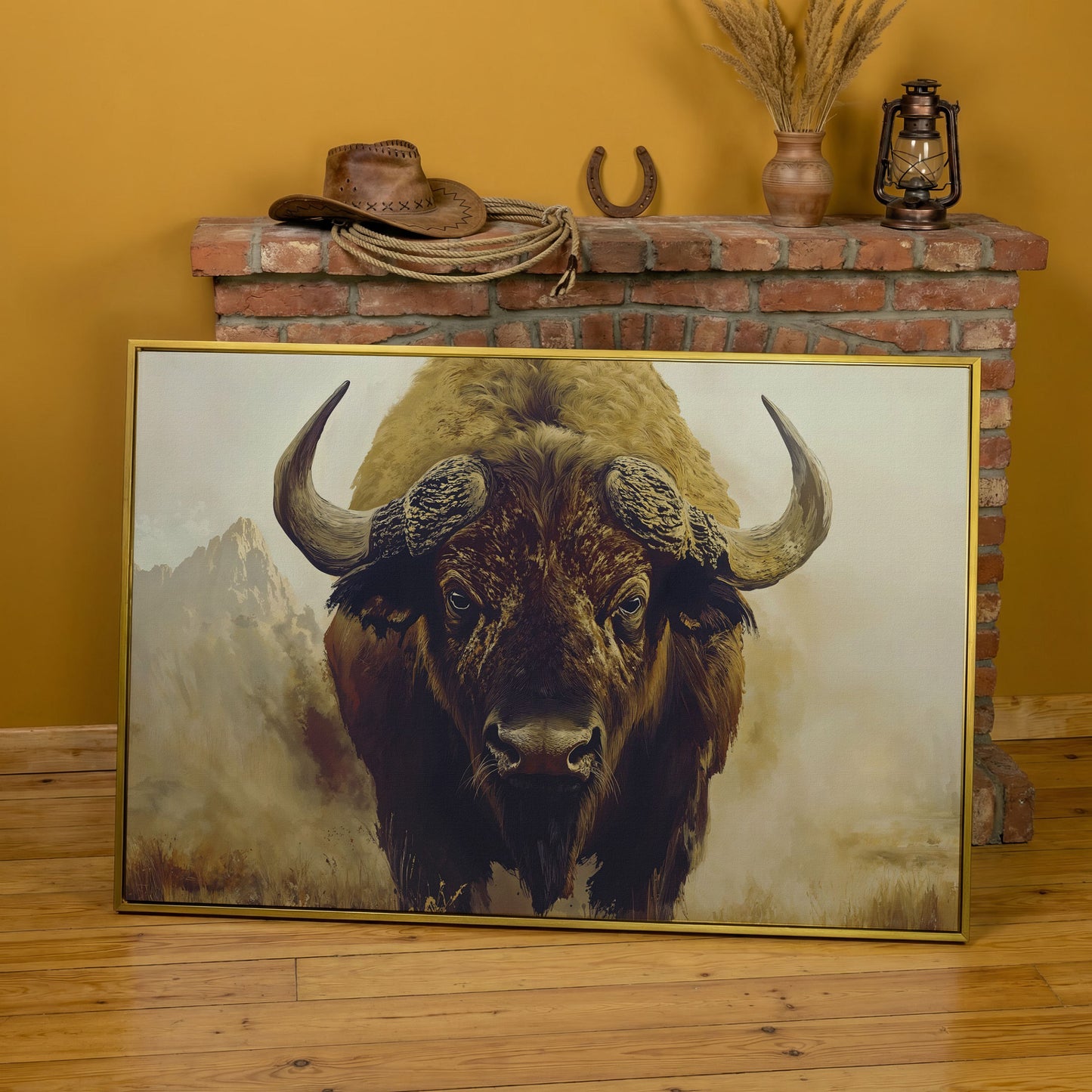 American Bison Portrait Canvas Wall Art with Landscape Background in yellow gold floating frame