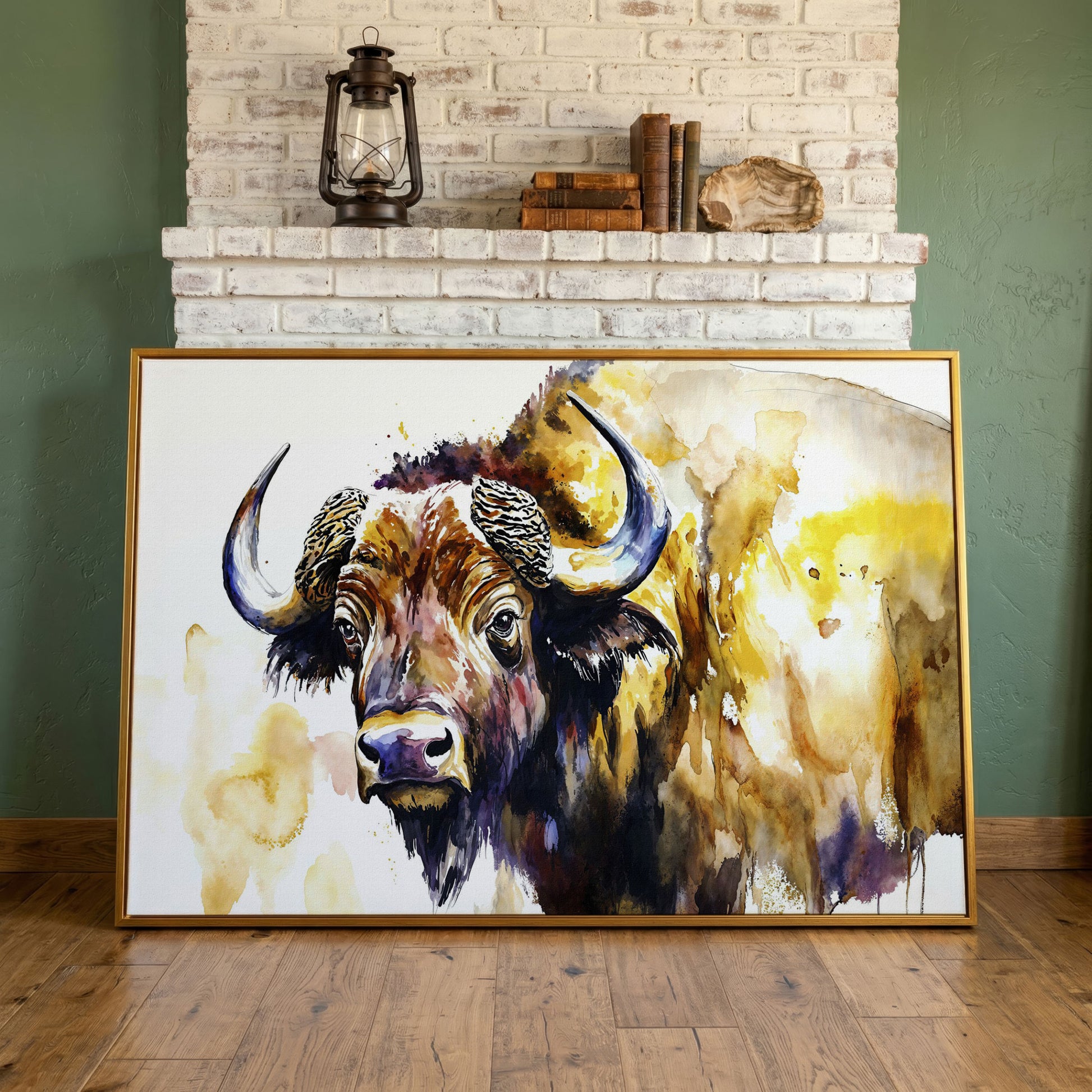 American Bison Portrait Canvas Wall Art in antique gold floating frame