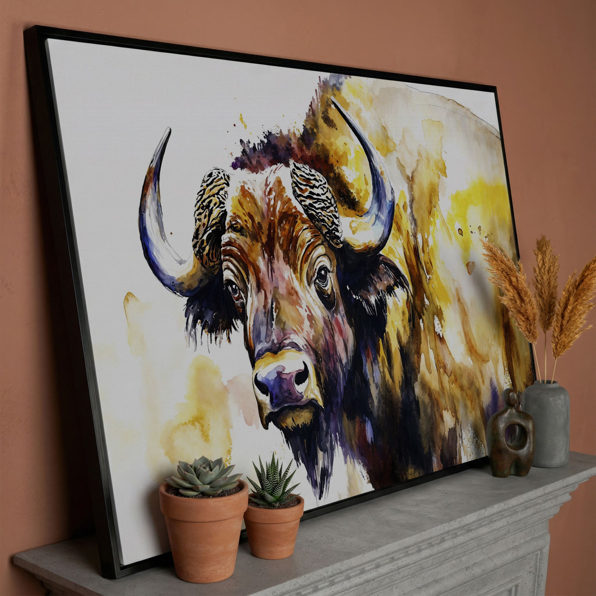 American Bison Portrait Canvas Wall Art in black floating frame
