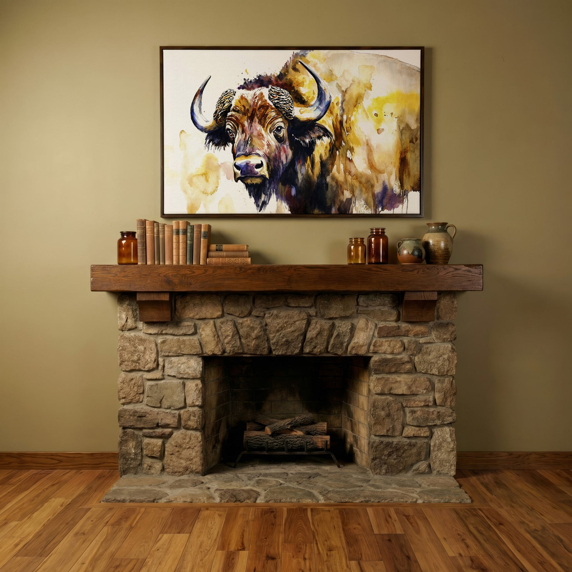 American Bison Portrait Canvas Wall Art in dark walnut floating frame