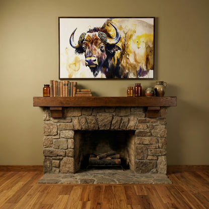 American Bison Portrait Canvas Wall Art in dark walnut floating frame