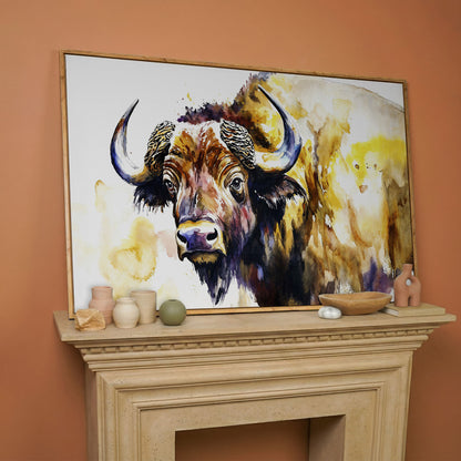 American Bison Portrait Canvas Wall Art in white oak floating frame