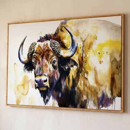 American Bison Portrait Canvas Wall Art shown in white oak floating frame