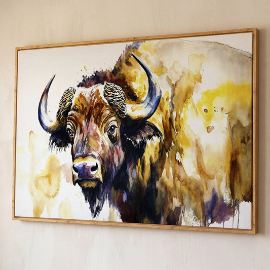 American Bison Portrait Canvas Wall Art shown in white oak floating frame