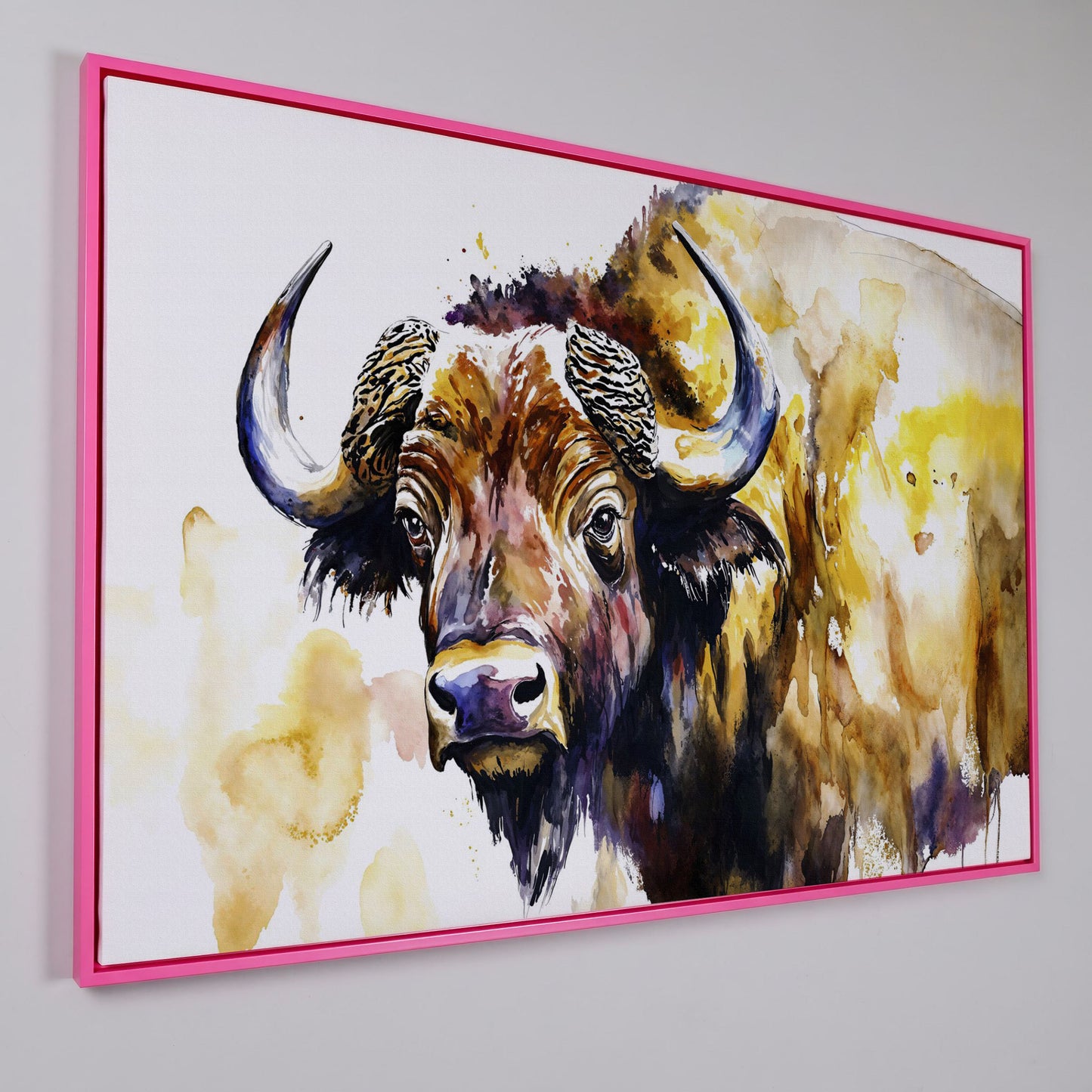 American Bison Portrait Canvas Wall Art in pink floating frame