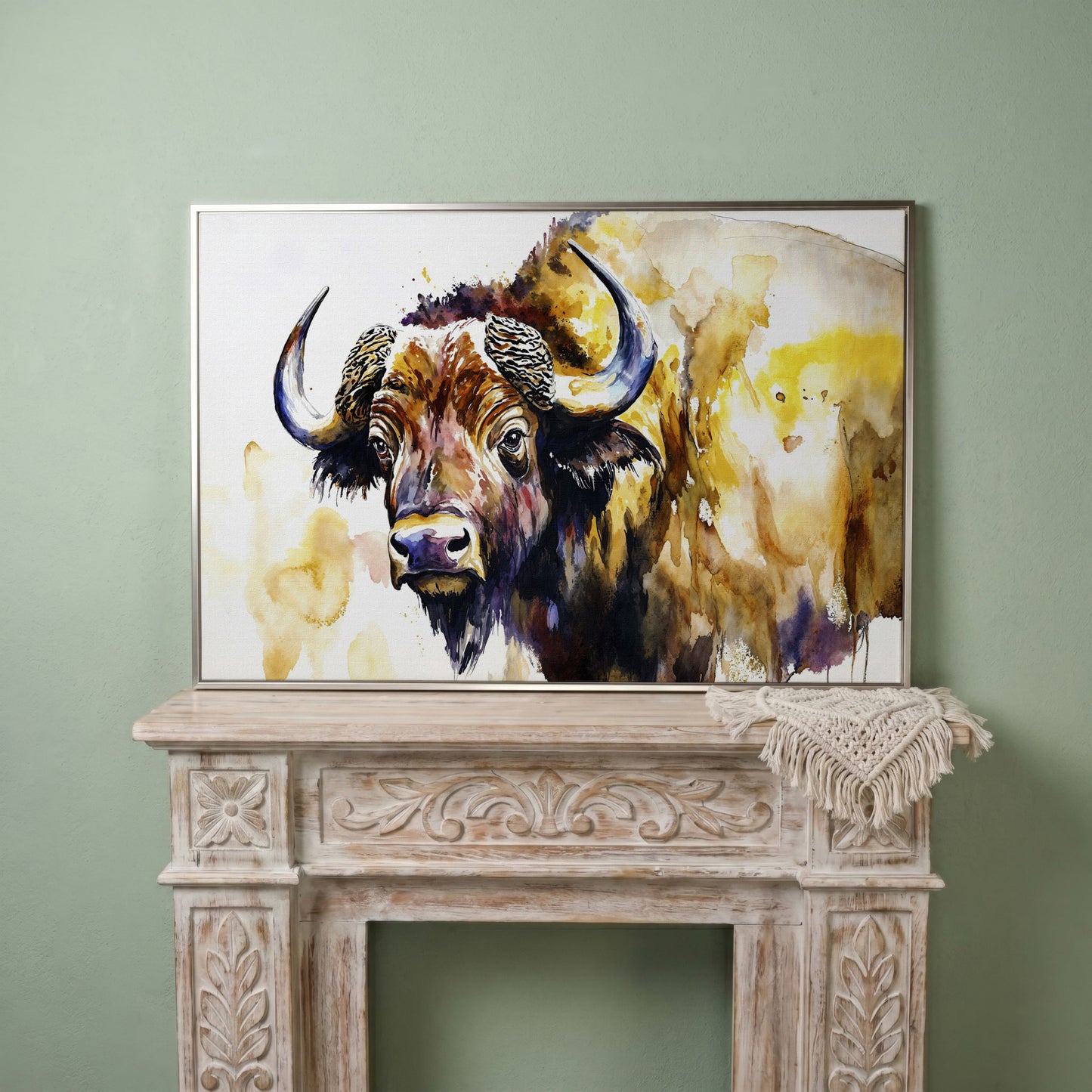 American Bison Portrait Canvas Wall Art in silver floating frame
