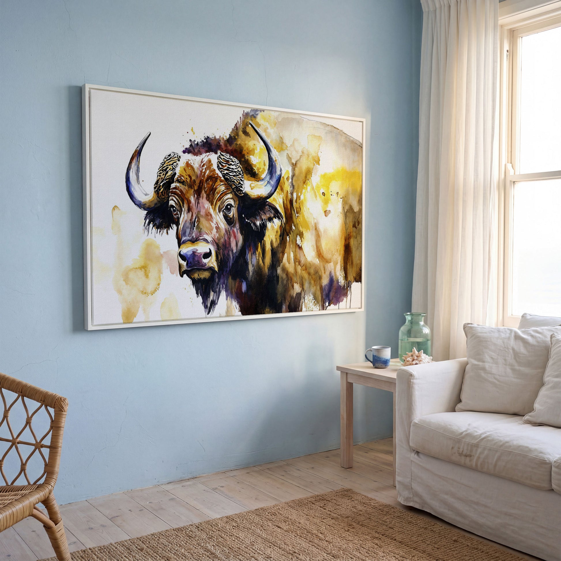 American Bison Portrait Canvas Wall Art in white floating frame
