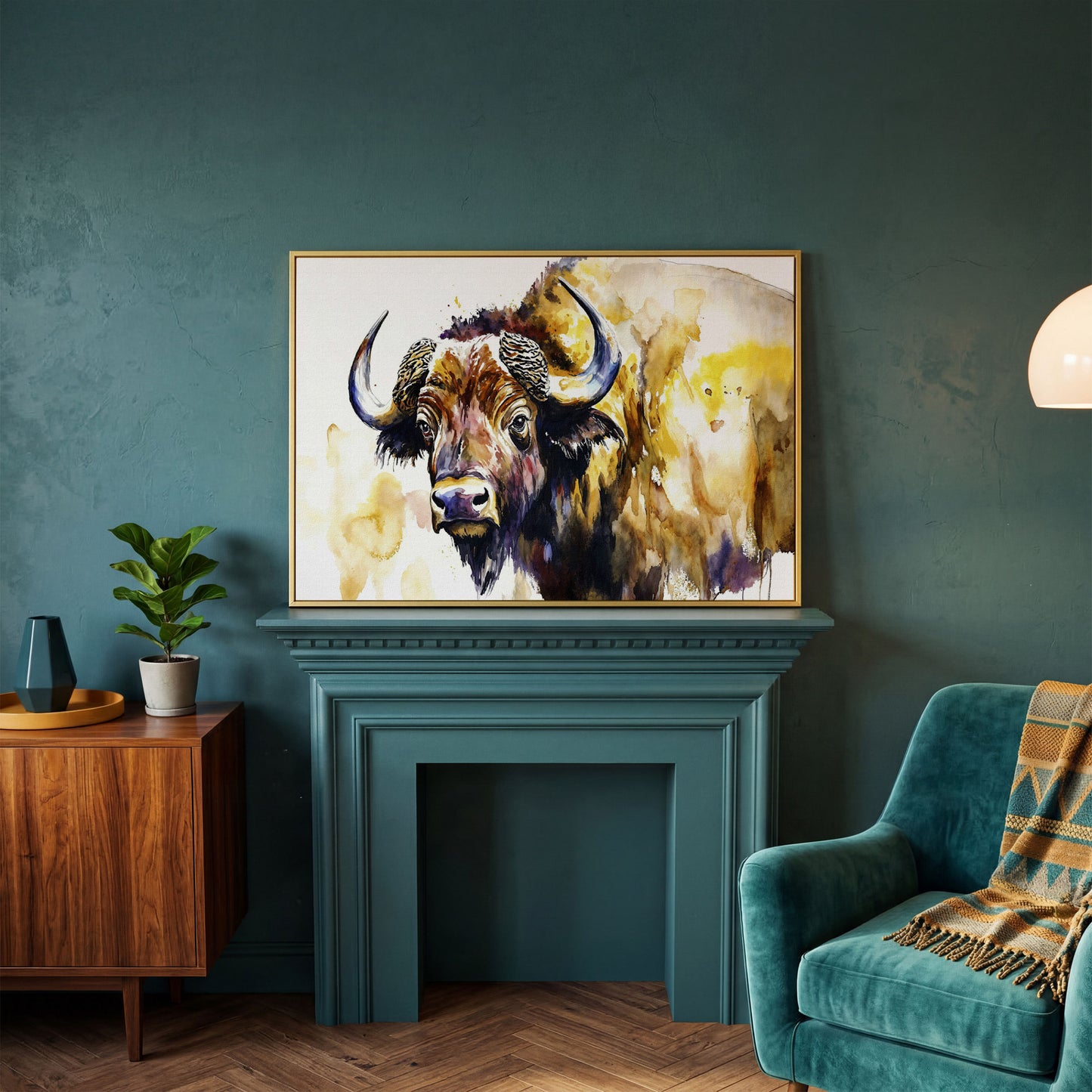 American Bison Portrait Canvas Wall Art in yellow gold floating frame