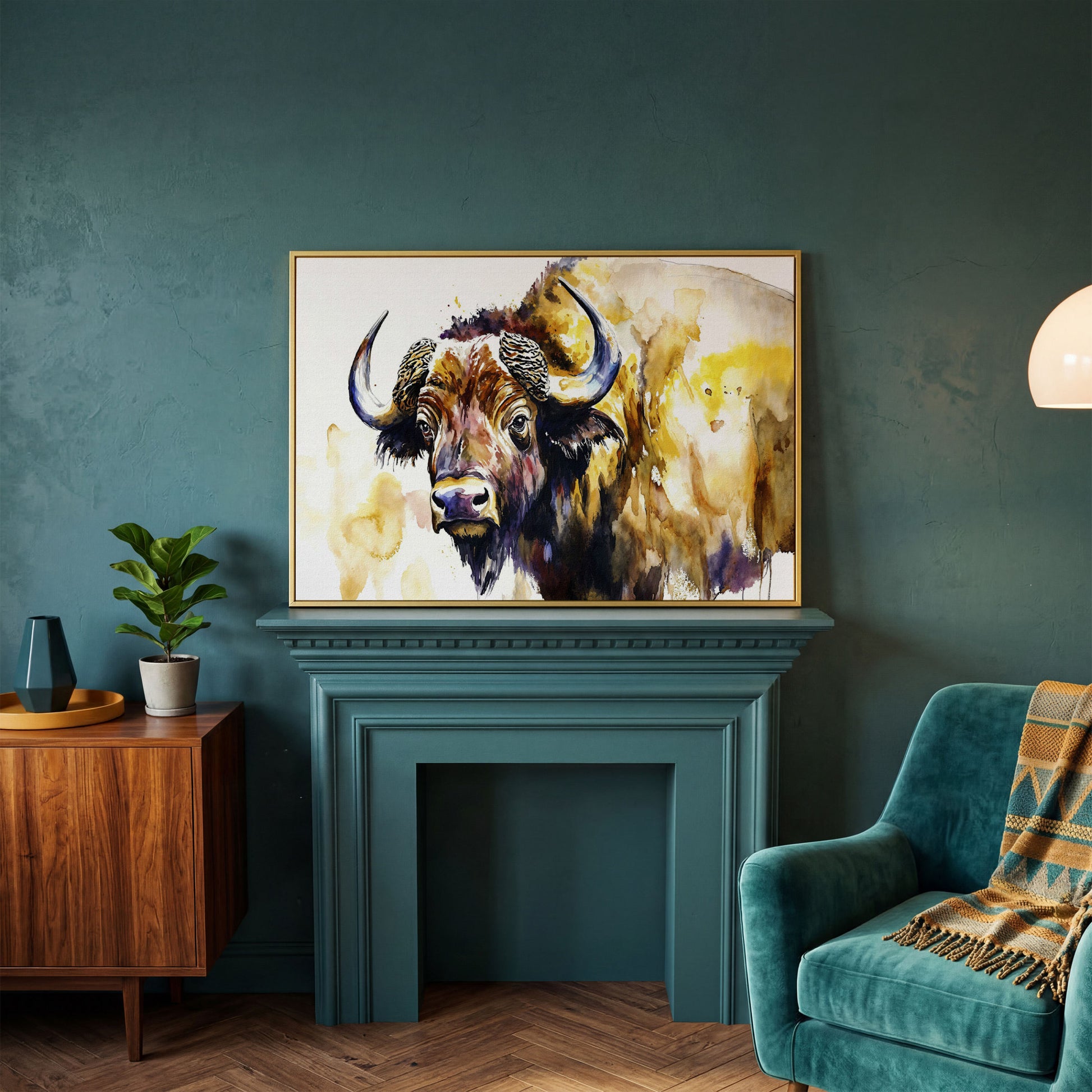 American Bison Portrait Canvas Wall Art in yellow gold floating frame
